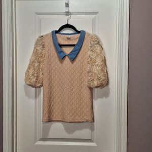 Blue Candy Cream Collared Blouse with Floral Sleeves